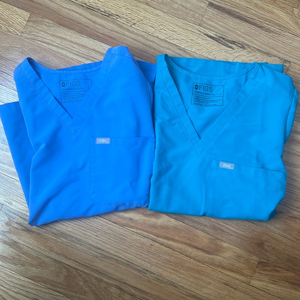 Figs Scrub Tops in teal and ceil blue